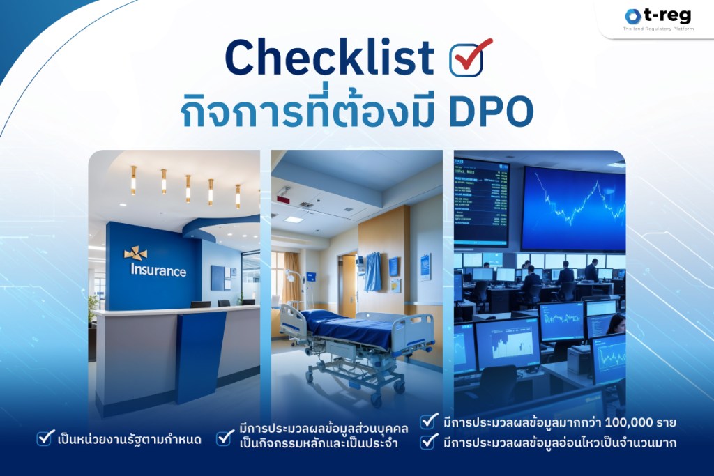 Checklist กิจการที่ต้องมี DPO ประกอบด้วย หน่วยงานรัฐ, ประมวลผลข้อมูลส่วนบุคคลเป็นกิจกรรมหลัก, ประมวลผลข้อมูลมากกว่า 100,000 ราย, และประมวลผลข้อมูลอ่อนไหวในจำนวนมาก