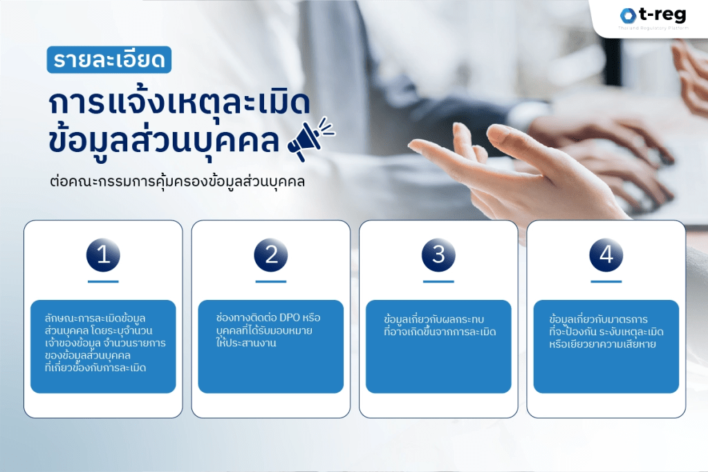 รายละเอียดการแจ้งเหตุละเมิดข้อมูลส่วนบุคคล ประกอบด้วยลักษณะการละเมิด ช่องทางติดต่อผู้รับผิดชอบ ข้อมูลผลกระทบ และมาตรการป้องกันการละเมิดหรือเยียวยาความเสียหาย