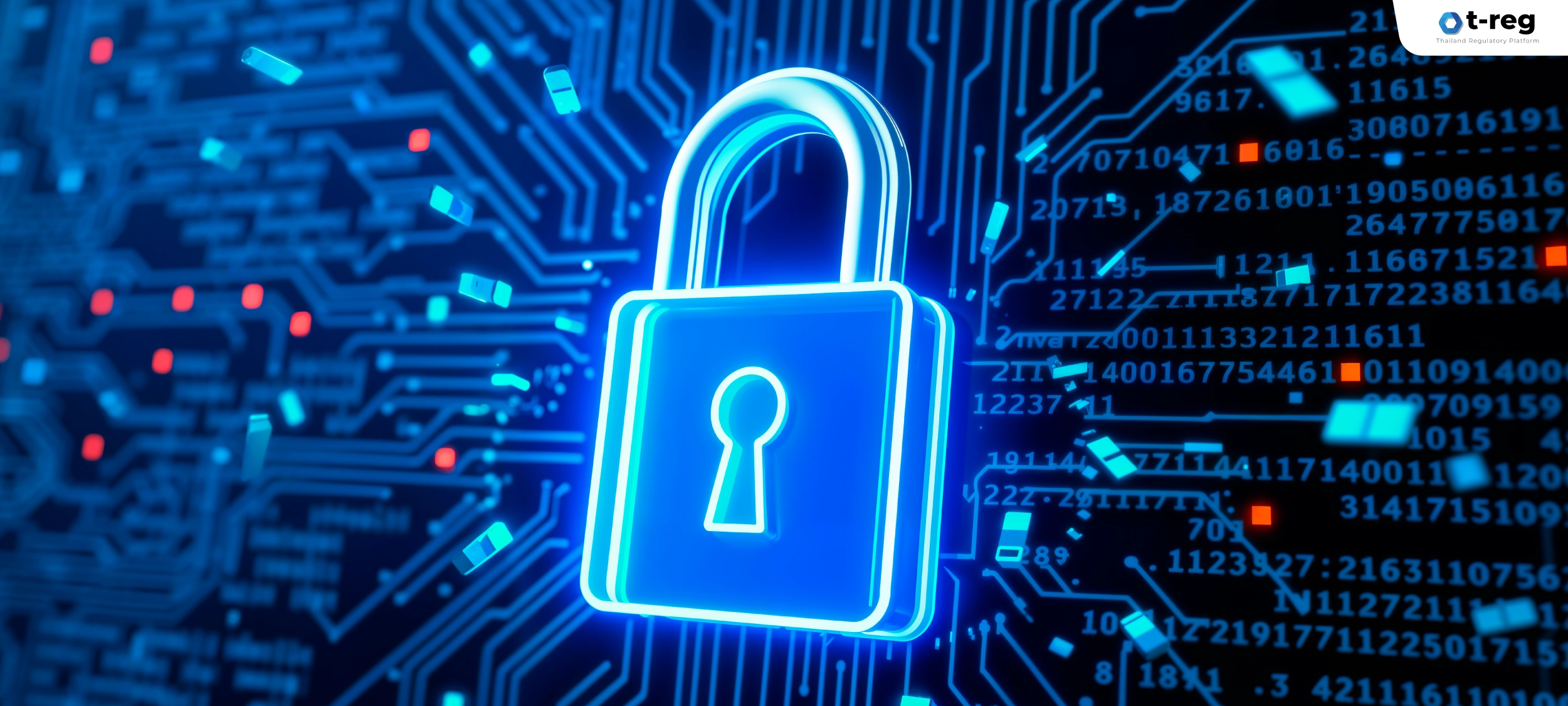 ภาพกุญแจล็อกดิจิทัลบนวงจรอิเล็กทรอนิกส์ สื่อถึงความปลอดภัยของข้อมูลและการปกป้องความเป็นส่วนตัวตาม PDPA