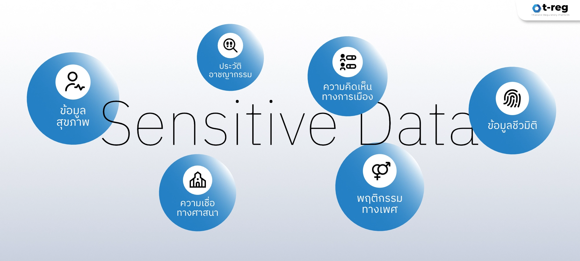 ประเภทข้อมูลอ่อนไหว เช่น สุขภาพ ศาสนา ชีวมิติ ความเห็นทางการเมือง พฤติกรรมทางเพศ และประวัติอาชญากรรม